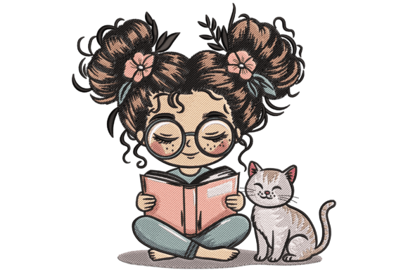 Charming Reading Girl with Cat Embroidery
